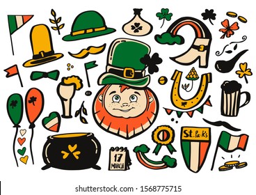 Cartoon set st patrick's day elements isolated on white background. Colored vector illustration. Cute signs traditional holiday symbols. Hand drawn icons. Black contour.Design print t shirt, postcard.