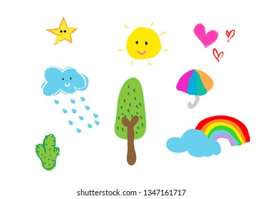 Cartoon set ,star sun cloud with rain tree umbrella and rainbow on white background.