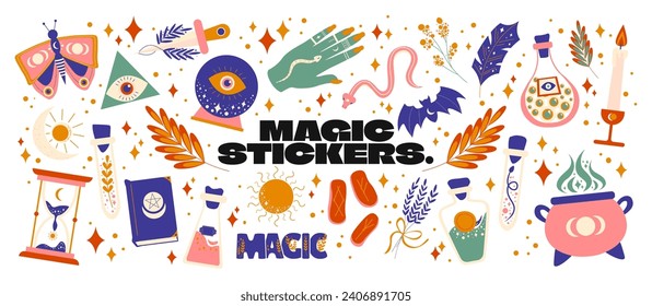 Cartoon set of stickers of magic and witchcraft. 90s wild magic design. botanical elements,skull,cards,hand,eye,potion. Halloween set	