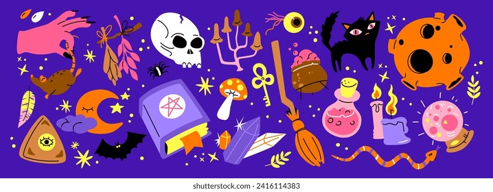 Juego de caricaturas de stickers de magia y brujería. Diseño de magia salvaje de los años 90. elementos botánicos, cráneo, cartas, mano, ojo, poción. Conjunto de Halloween	