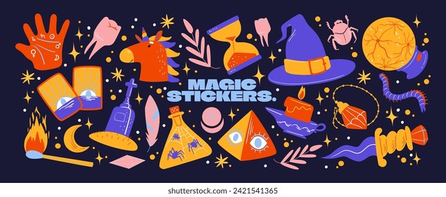 Juego de caricaturas de stickers de magia y brujería. Diseño de magia salvaje de los años 90. elementos botánicos, cráneo, cartas, mano, ojo, poción. Equipo retro de Halloween	