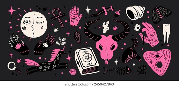 Conjunto de caricaturas de la magia y la brujería. Diseño de magia salvaje de los años 90. Elementos botánicos, cráneo, cartas, mano, ojo, poción. Set de Halloween	