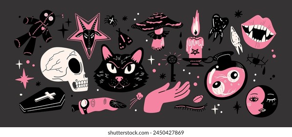 Cartoon set of stickers of magic and witchcraft. 90s wild magic design. botanical elements,skull,cards,hand,eye,potion. Halloween set	