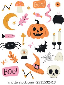 Cartoon set of stickers of magic and witchcraft. 90s wild magic design. botanical elements,skull,cards,hand,eye,potion. Halloween set