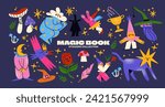 Cartoon set of stickers mystical characters, sorcerers, spirits, of magic and witchcraft. 90s retro wild magic design.Skull,cards,fairy tale, stars, witchcraft, enchantment. Halloween set	