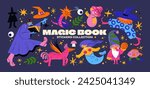 Cartoon set of stickers mystical characters, sorcerers, spirits, of magic and witchcraft. 90s retro wild magic design.Skull,cards,fairy tale, stars, witchcraft, enchantment. Halloween set