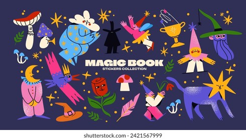 Cartoon set of stickers mystical characters, sorcerers, spirits, of magic and witchcraft. 90s retro wild magic design.Skull,cards,fairy tale, stars, witchcraft, enchantment. Halloween set	