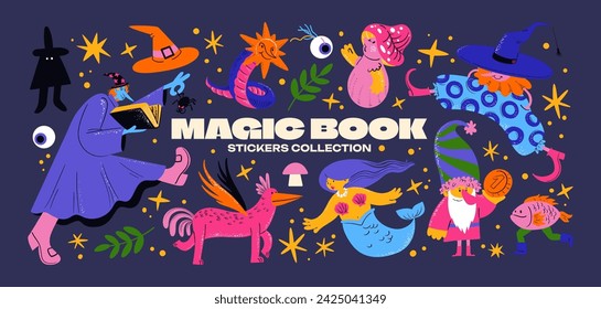 Cartoon set of stickers mystical characters, sorcerers, spirits, of magic and witchcraft. 90s retro wild magic design.Skull,cards,fairy tale, stars, witchcraft, enchantment. Halloween set