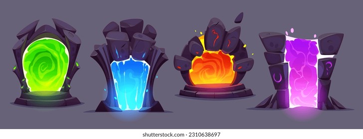 Cartoon set of stone portals with magic light inside isolated on background. Vector illustration of stone doors glowing with neon colors, leading to fantastic adventure world. Game ui design elements