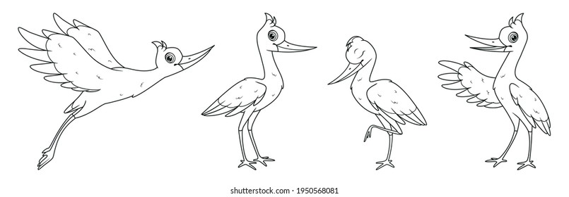 Cartoon set of storks in different poses. Black and white cartoon illustration