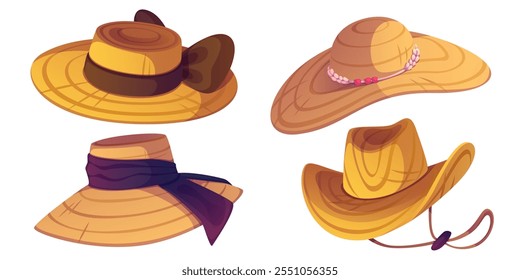 Cartoon set of straw headwear - traditional farmer hat with brown band, western cowboy design, elegant wide brimmed model with purple ribbon, rustic ranch hat with pink bead decor for outdoor work