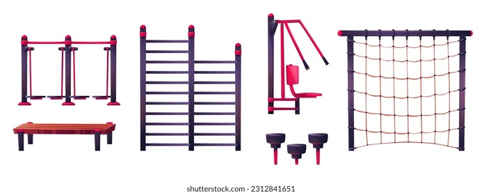 Cartoon set of street workout equipment isolated on white background. Vector illustration of colorful machines for exercising in outdoor gym, fitness training in park, public garden, school campus
