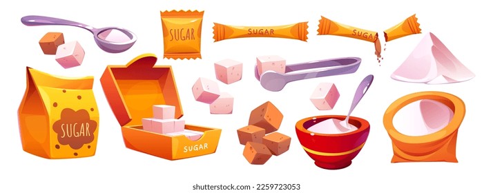 Cartoon set of sugar in different packages isolated on white background. Vector illustration of white and brown sugar powder and cubes in spoon, box, craft paper bag, sack, stick. Food sweetener