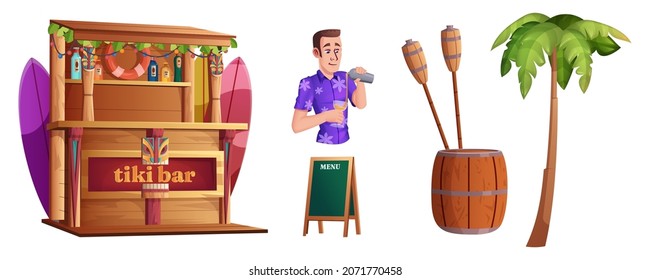 Cartoon set of summer elements with bartender and beach cafe with snacks and drinks. Male barman with cocktail and wooden tiki bar with tribal masks, torch and palm tree isolated on white background.