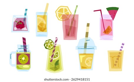 Cartoon Set of Summer Fruit Drinks. Colorful refreshing drinks with fruits, ice, and straws in a flat vector style on white background.