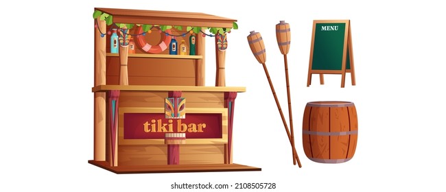 Cartoon set of summer hawaiian elements with hawaii totem, wooden beach cafe and drinks for ocean party. Tiki bar with tribal masks, torch, barrel and menu board isolated on white background.