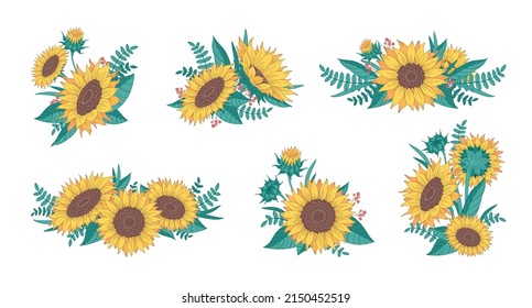 Cartoon set of sunflowers with green leaves berries and twigs isolated against white background vector illustration