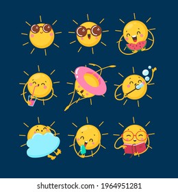 Cartoon set of suns icon with different emotions. Funny vector characters of sun. Sunny banner design template. Flat style. Symbol bright and beautiful illustration