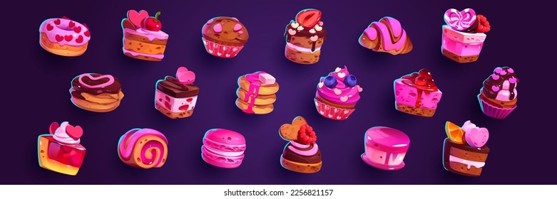 Juego de caricaturas de postres dulces aislados en segundo plano. Ilustración vectorial de apetitosos pasteles, magdalenas, donuts, croissants decorados con chocolate, fruta, bayas. Menú de fiesta de cumpleaños