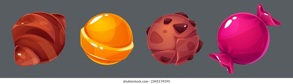 Cartoon set of sweet planets isolated on background. Vector illustration of sweet croissant, chocolate, wrapped caramel, lollipop, cookie ball cakes. Fantasy candyland desing elements. Party dessert