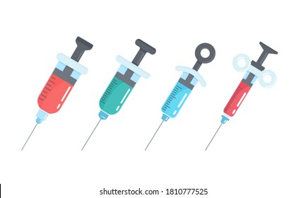 Cartoon set of syringes containing vaccines against virus.