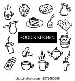 Cartoon set of Tea theme items, objects and symbols. Tool and food collection. Different utensils, delicious sweet food. Hand drawn doodle vector illustration. Muffin, cake, donut, chocolate, coffee.