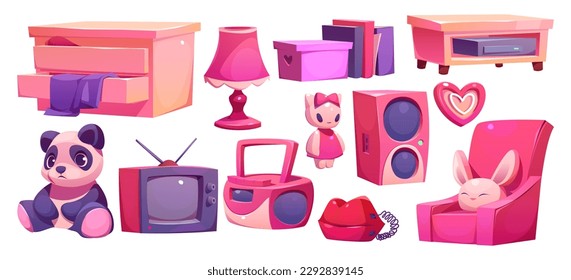 Cartoon set of teen girl bedroom furniture, interior design elements isolated on white background. Vector illustration of pink armchair, drawer, lamp, retro tv, tape recorder, telephone, kawaii toys