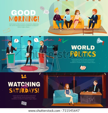 Cartoon set of three colorful horizontal banners presenting scenes from different talk shows isolated vector illustration