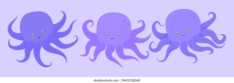 A cartoon set of three cute octopuses in bluish-purple colours 