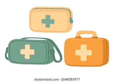 Conjunto de desenhos animados de três kits de primeiros socorros em estilo plano. Ilustração vetorial colorida para uso médico.