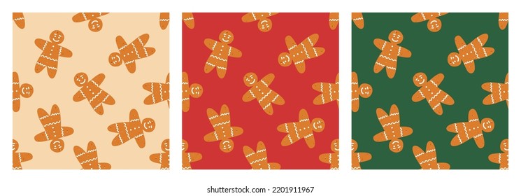 A cartoon set of three hand-drawn colored vector seamless patterns with ginger men.