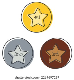 Cartoon set of three serial numbers, circle icons with a star inside with linear outlines. Yellow gray and brown signs first second third