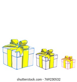 Cartoon set of three White Gift Boxes with Yellow Ribbons on white background. Vector ilustration. Christmas, new year, birthday. gift, postcard