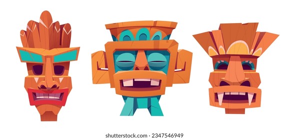 Cartoon set of tiki masks isolated on white background. Vector illustration of tribal wooden totems, hawaiian style attribute, scary faces with toothy mouth and big eyes. Ancient african culture items