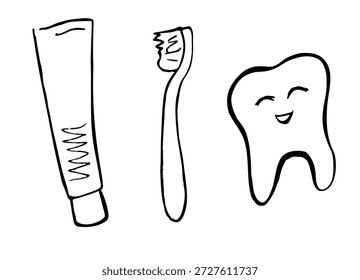 Conjunto de dibujos animados de Elementos de cuidado dental. Pasta de dientes dibujada a mano, cepillo de dientes y diente feliz.