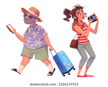 Cartoon set of tourist characters isolated on white background. Vector illustration of senior man with suitcase and smartphone in hand, excited young woman taking photos with camera. Vacation travel