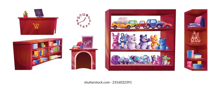 Cartoon-Set mit Möbeln aus Spielzeuggeschäften, Waren einzeln auf weißem Hintergrund. Vektorgrafik von hölzernen Regalen mit Teddybären, gefüllten Hunden, Autos, Raketen, Büchern, Würfeln, Bälle, Computer auf dem Schreibtisch