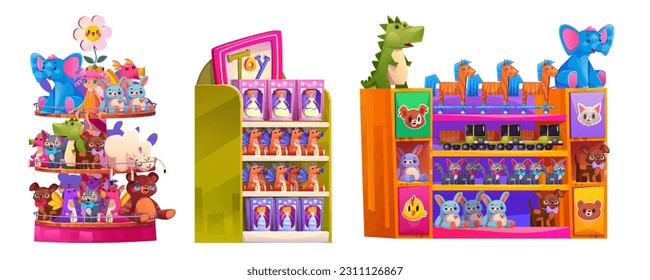 Cartoon-Set von Spielzeugartikeln auf Regalen einzeln auf weißem Hintergrund. Vektorgrafik von Kisten mit Puppe, Teddybär, gefüllte Katze, Hund, Dinosaurier, Holzpferd, LKW. Geschenkladen für Kinder