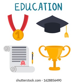 Cartoon set of training awards, cup from competitions, diploma, medal with first place, student cap. Education character collection isolated on white. Vector illustration.