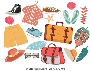 Cartoon Set of travel stuff vector illustration. Collection of items for vacation or travel, decorated with tropical leaves, shells. Clothes, accessories, shoes and suitcase for tourism. 