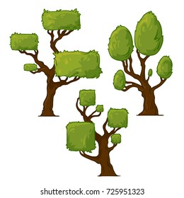 Cartoon set of trees with different forms, vector illustration isolated on white background, funny and cute trees