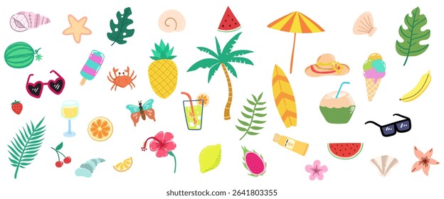 Cartoon set of tropical summer beach holiday, coastal stickers. Vector flat cartoon elements for vacation,  weekend and summer time concept. Hand drawn pineapple, cocktail, palm, lemon, shell