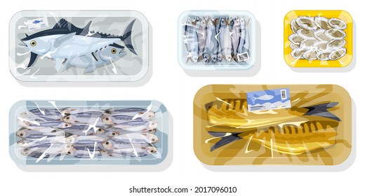 Cartoon set of tuna, herring, oyster, sprat and mackerel fishes packed in plastic trays. Vector seafood transportation, fish market order. Idea of healthy eating, nutritious food isolated on white