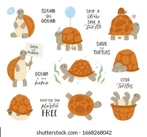 Cartoon set of turtles in various action poses with lettering quotes. Tortoises characters swimming, sleeping in tortoise-shell. Illustration isolated on white background. Save turtles concept