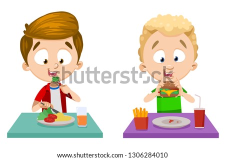 Cartoon set of two different boys eating healthy and unhealthy. Kids having good and bad food for breakfast vector illustration. Childhood concept. Isolated on white