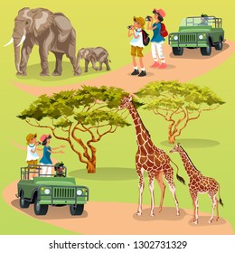 Cartoon set of two families taking pictures of animal at the zoo