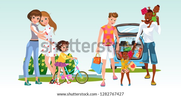 Cartoon set of\
two families with their\
children