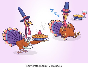 Cartoon set of two turkeys isolated. Vector turkey serving a meal with pie and sleeping