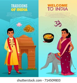 Cartoon set of two vertical banners with traditional cuisine national costumes and symbols of india isolated vector illustration