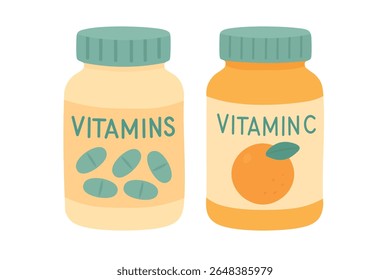 Cartoon set of two vitamin bottles with capsules and orange label. Flat vector illustration for health.
